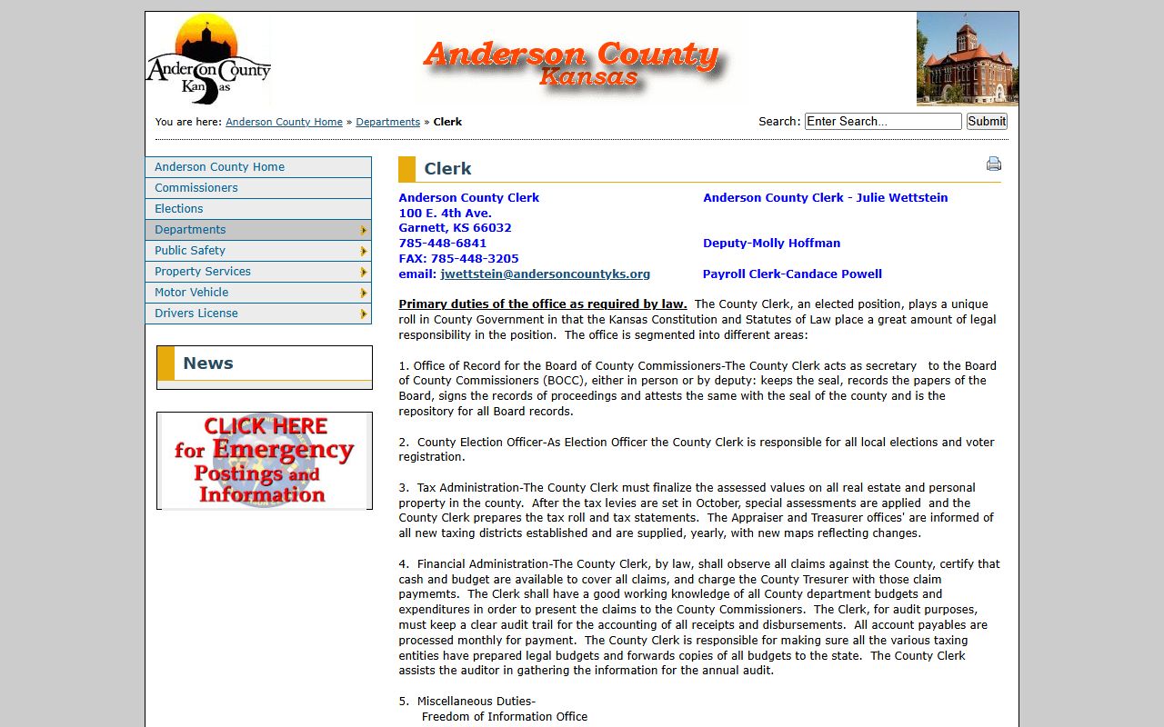 Anderson County Clerk of the District Court records county clerk distinction