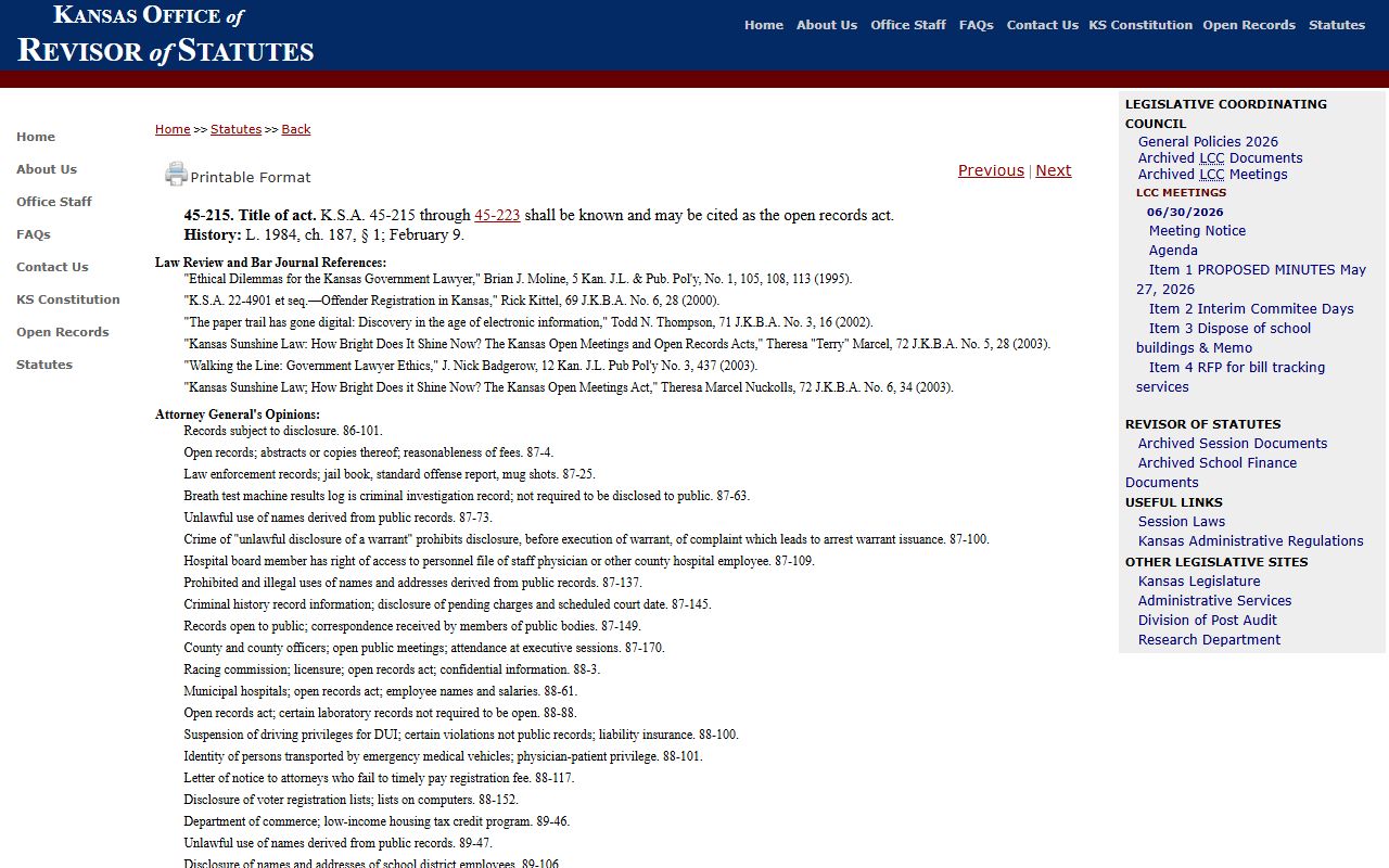 Anderson County court records Kansas Open Records Act K.S.A. 45-215 source