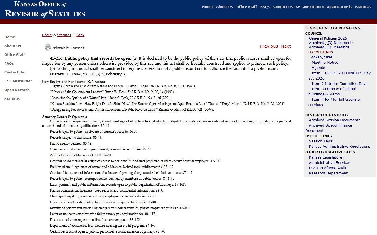 Anderson County court records Kansas public records policy K.S.A. 45-216 source