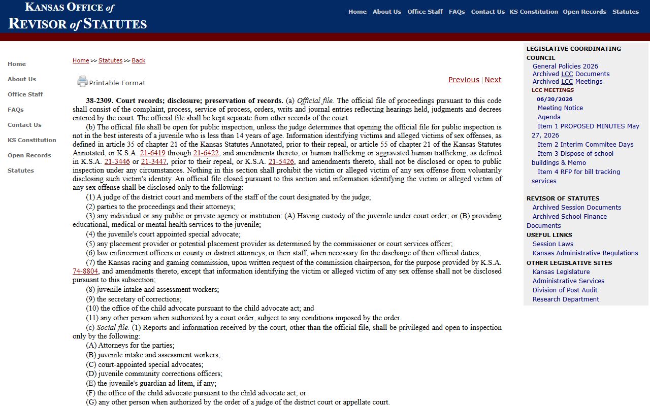 Anderson County criminal court records juvenile file restriction K.S.A. 38-2309 source
