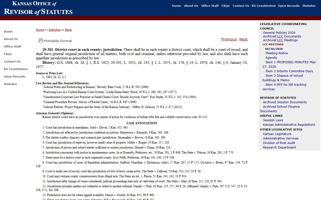 Anderson County District Court records K.S.A. 20-301 jurisdiction