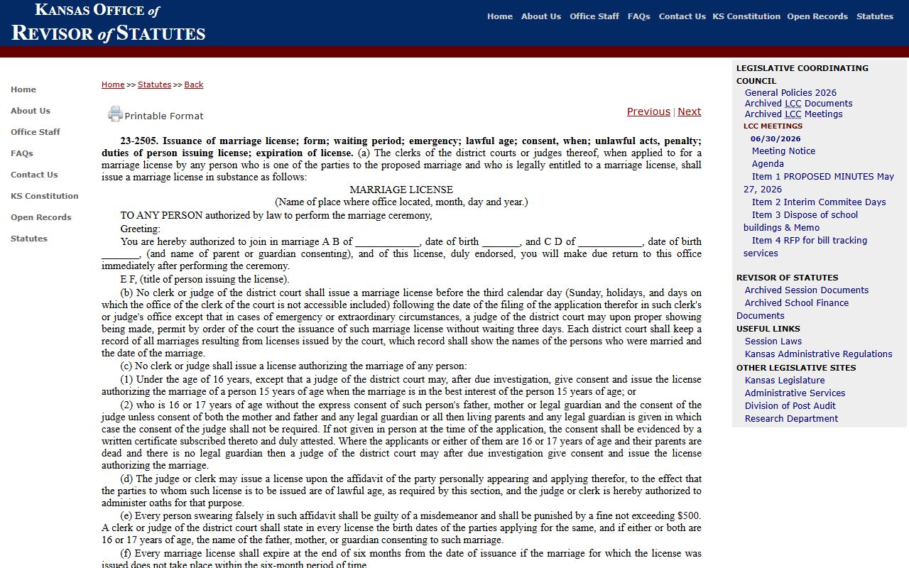 Anderson County marriage records K.S.A. 23-2505 license issuance statute