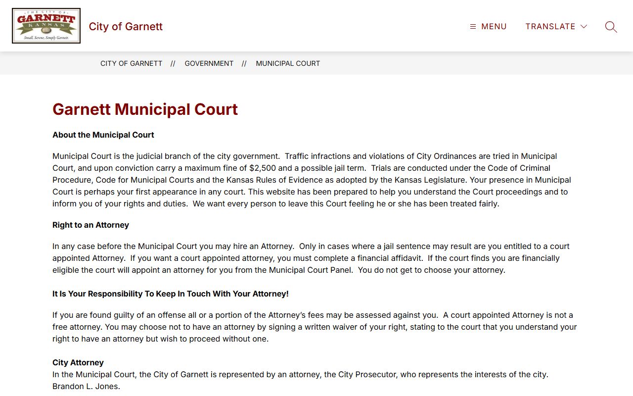Anderson County traffic court records Garnett Municipal Court page